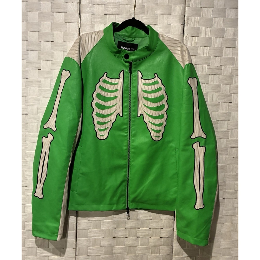 Fashion Nova Men Bones Faux Leather Motocross Jacket Green Skeleton XL NEW